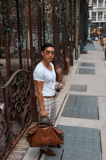 Leo Chan wearing Suit Supply Plaid Pants Casually with TShirt | Asian Male Model and Blogger