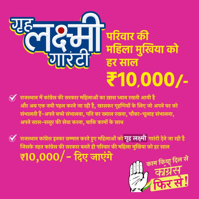 Rajasthan Garah Lakshmi Guarantee Yojana / गृह लक्ष्मी गारंटी योजनाः राजस्थान में महिलाओं को हर साल मिलेंगे 10 हजार रुपए , Rajasthan Garah Lakshmi Guarantee Yojana online 