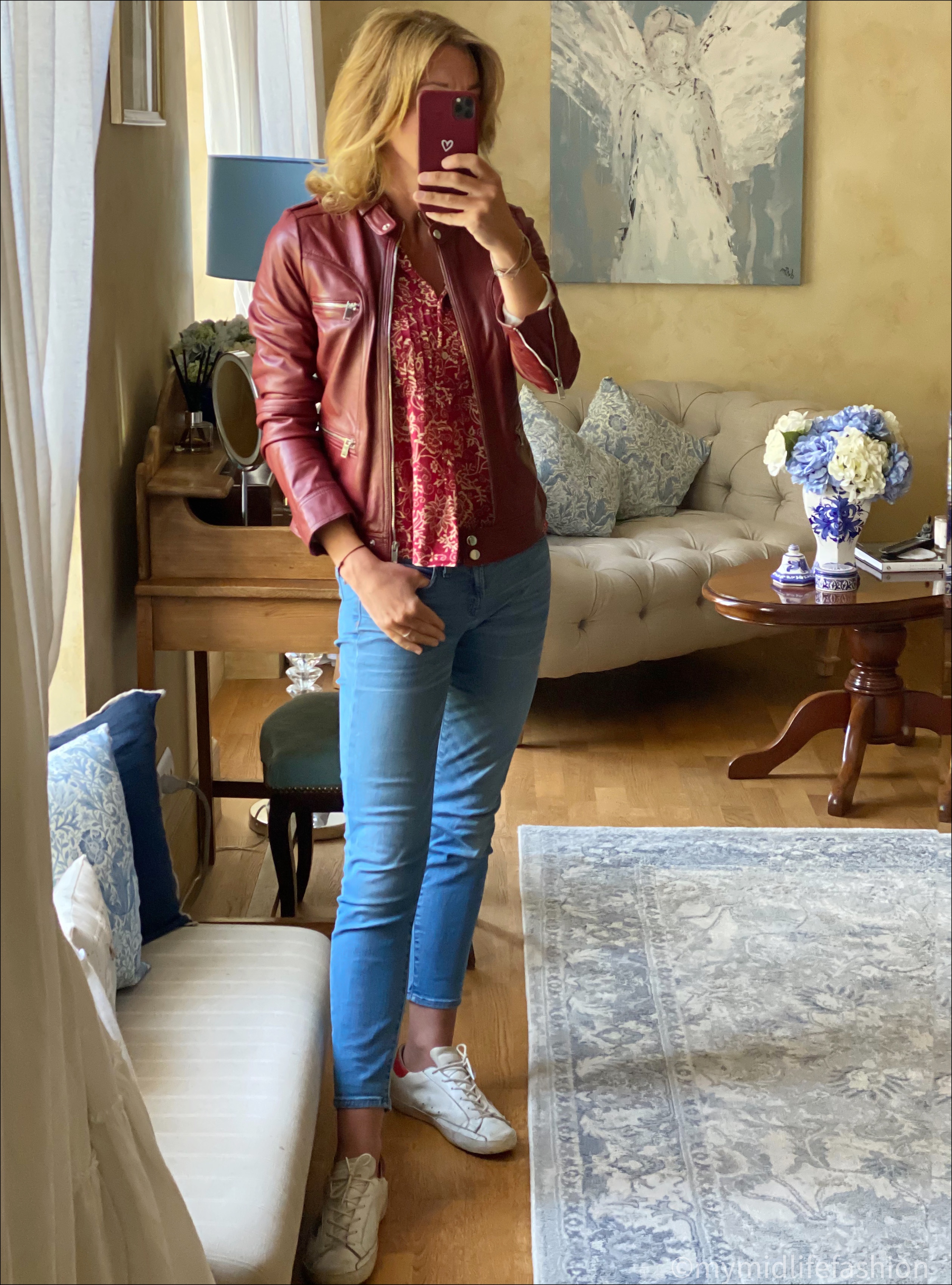 my midlife fashion, hidepark leather jacket, Isabel marant etoile patterned blouse, j crew 8 inch toothpick skinny jeans, golden goose superstar low top leather trainers