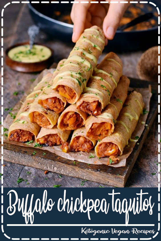 These Buffalo Chickpea Taquitos are crispy, spicy, and satisfying! No chicken needed for this protein-rich and delicious recipe. The taquitos are gluten-free, vegan, and easy to make! #vegan #glutenfree #chickpeas