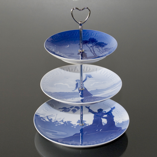 blue, over-glazed, 3-layer cake stand, jubilee plates, memorial plates, Bing & Grondahl