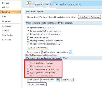 nonaktifkan check spelling & grammar