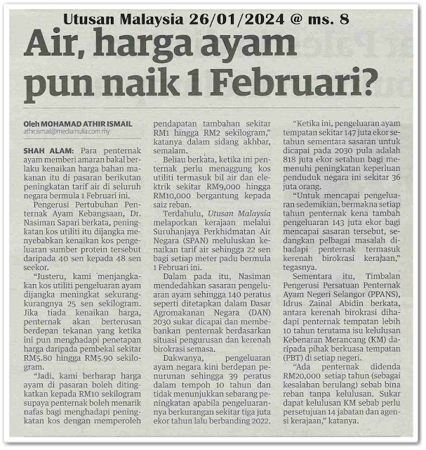 Air, harga ayam pun naik 1 Februari? | Keratan akhbar Utusan Malaysia 26 Januari 2024