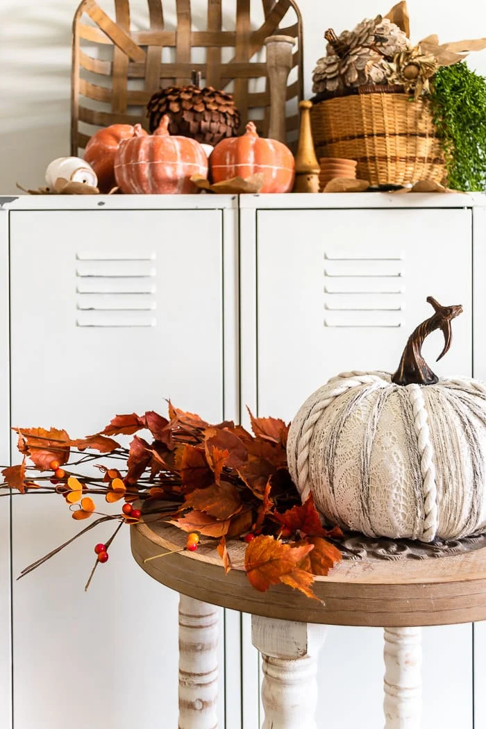 lace and rope pumpkin, fall leaves and berries