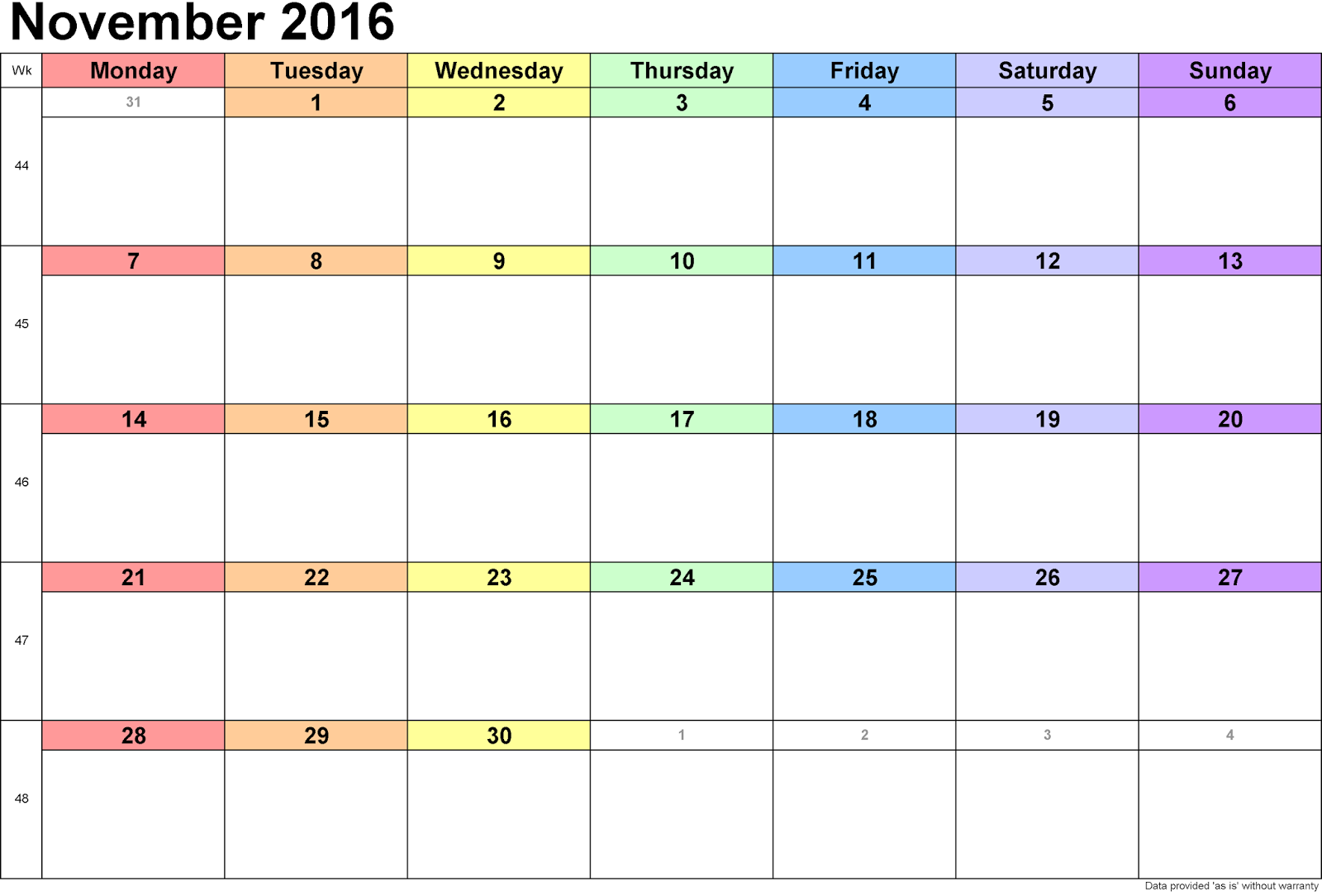 Monthly Calendar 2016