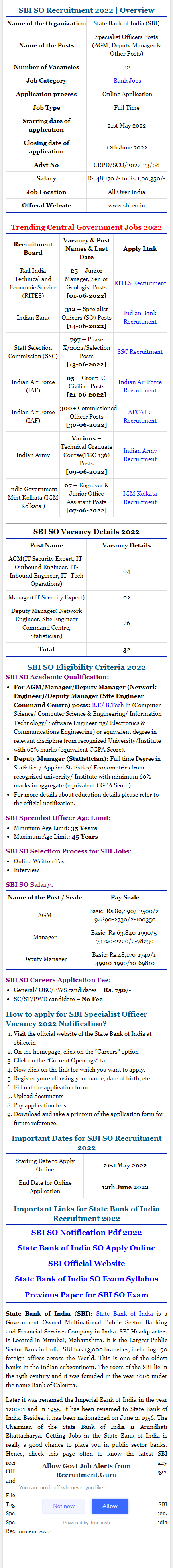 SBI SO Recruitment 2022 | Apply Online for 32 Specialist Officers (AGM & Other Posts)!!