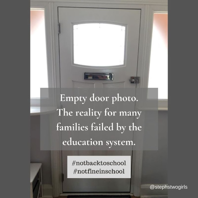Inside of a front door with nothing else in the photo. Text reads empty door photo. the reality for many families failed by the education system