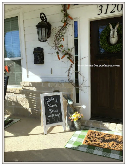 Early Spring Front Porch-Chalkboard-Buffalo Check Rug-Bunny Door Mat-Carrot Garland-From My Front Porch To Yours