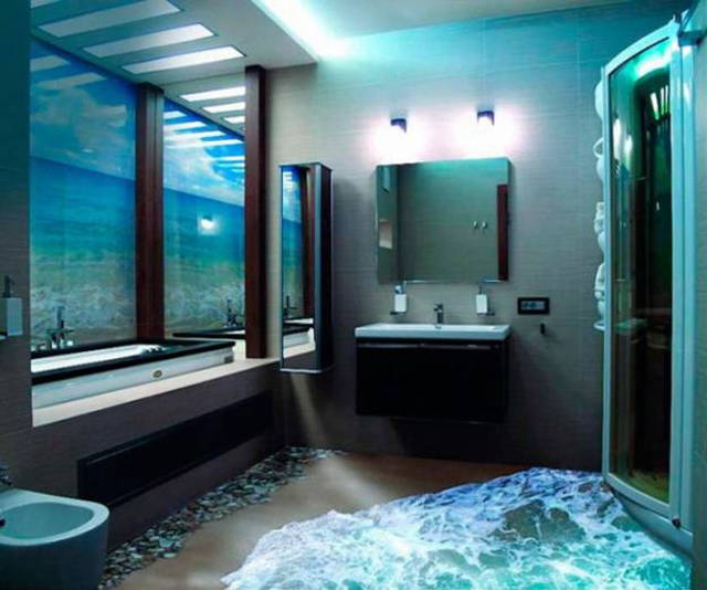 awesome 3d vinyl floor design in bathroom with glass window