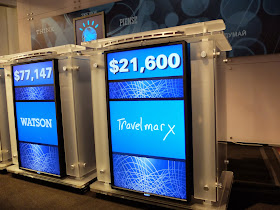 IBM Watson versus Travelmarx (losing) on a Jeopardy! Stage Set at the Computer History Museum, Mountain View, California.