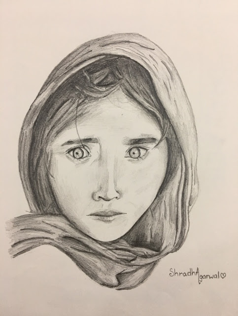 afghan girl, nat geo cover photo pencil sketch