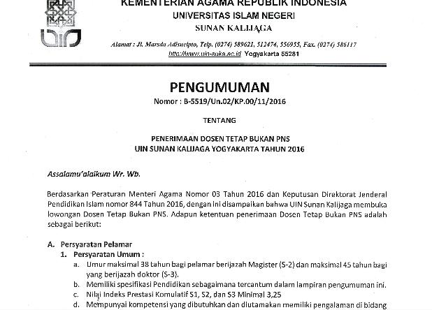 Lowongan Kerja Dosen Tetap Non-PNS UIN Sunan Kalijaga 2016 