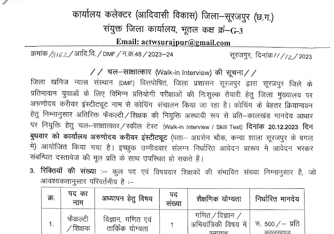 Coaching Teacher Vacancy in Chhattisgarh | छत्तीसगढ़ में कोचिंग टीचर के रिक्त पदों पर भर्ती के लिए वाक इन इंटरव्यू 20 दिसम्बर को