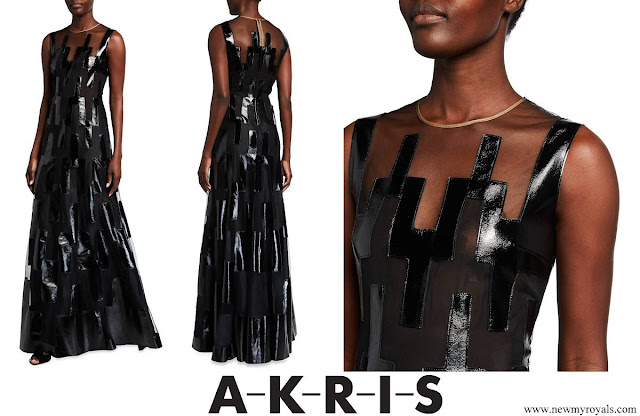 Princess Charlene wore Akris Patent Leather Strip Sheer A-Line Dress