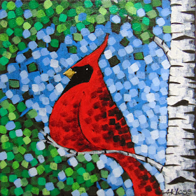 Sing A Song Numbers 1 & 2 painting by artist aaron kloss, pointillism, sivertson gallery, painting of a cardinal