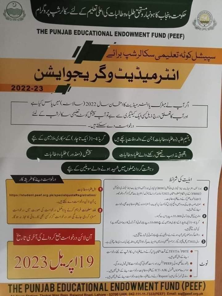 Punjab Educational Endowment Fund PEEF Scholarship 2023 Advertisement