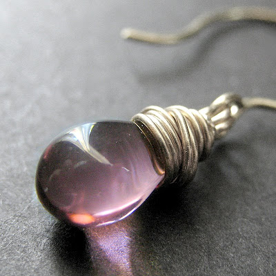 Amethyst Glass Teardrop Wire Wrapped Earrings in Silver - Elixir of Mystery