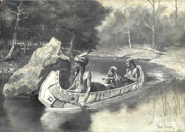 three Native Americans in a canoe: a male with a fur skin cap in front, trailing his paddle; a woman in the center holding a baby; and a man with one feather on his head, paddling in the rear