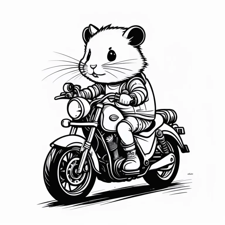 Desenho infantil de hamster motoqueiro para imprimir e colorir, arte para crianças