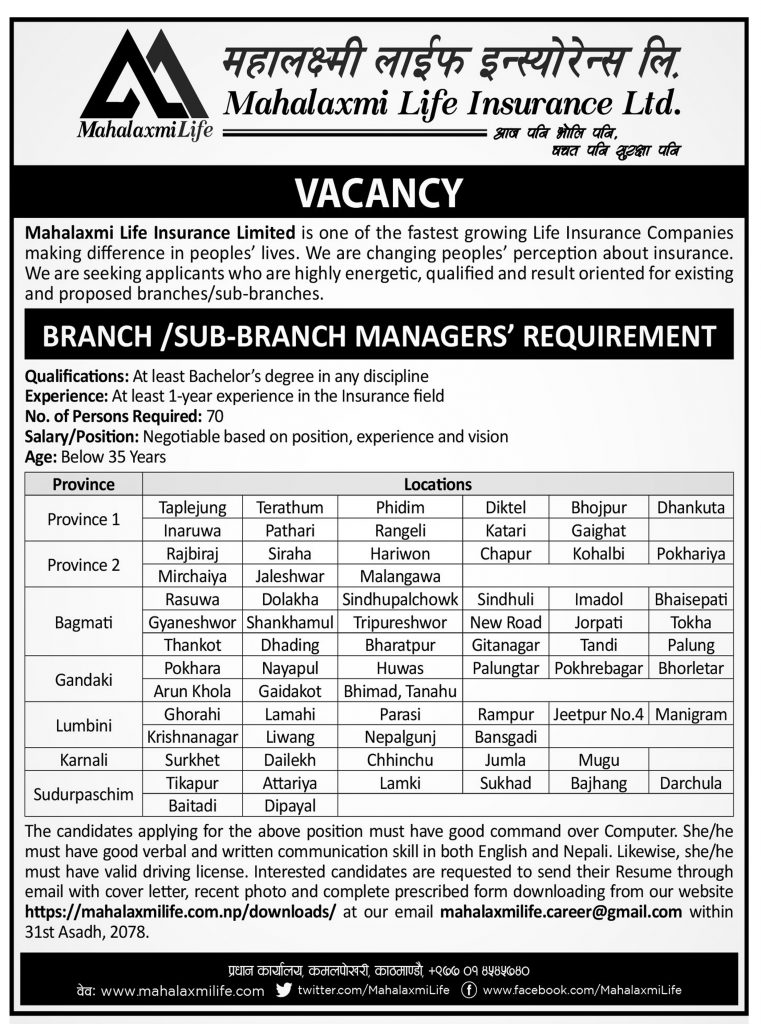 Mahalaxmi Life Insurance Job Vacancy Announcement for Branch & Sub-Branch Manager