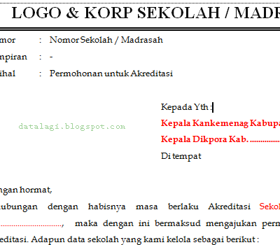 Contoh Surat Permohonan Sekolah / Madrasah Untuk Di Akreditasi