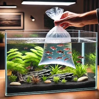 írj a képhez helyettesítő alt szöveget magyarul ás angolul Magyar: "Új halak betelepítése az akváriumba – biztonságos és stresszmentes hozzászoktatás."-"Introducing new fish to the aquarium – safe and stress-free acclimation."