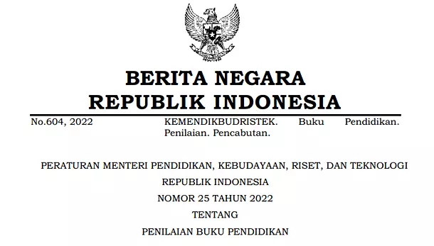 Permendikbudristek Nomor 25 Tahun 2022 tentang Penilaian Buku Pendidikan