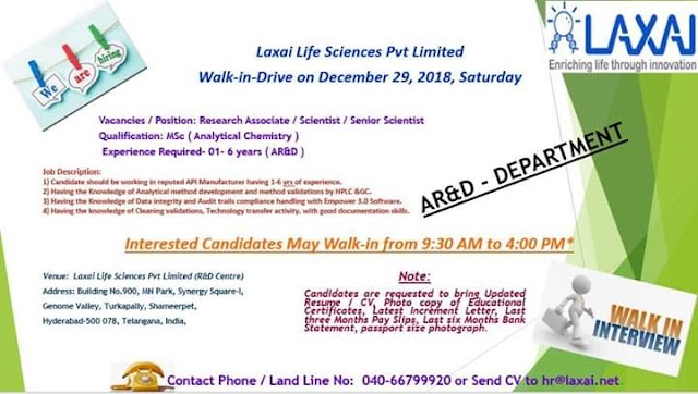 Laxai Life sciences | Walk-In for R&D department | 29th December 2018 | Hyderabad