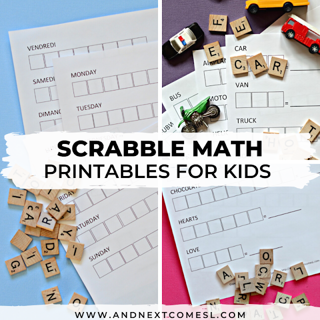 Printable Scrabble math worksheets for kindergarten and up to work on spelling and addition