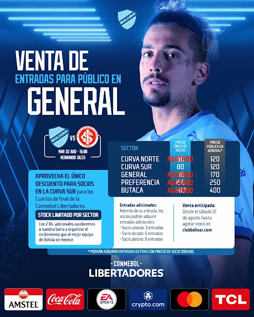 Venta de Entradas Bolivar vs Internacional, Cuartos de Final de Copa Libertadores