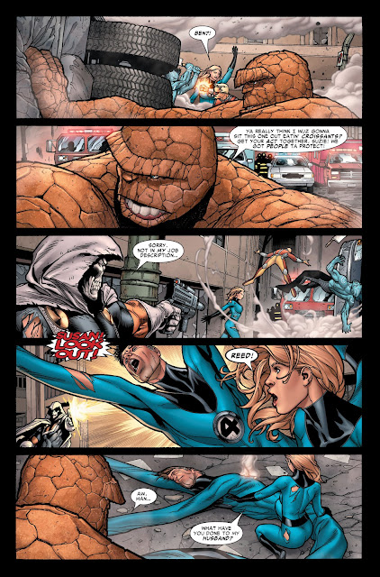 The Thing saving civilians with the help of truck while Taskmaster shoots Reed Richards