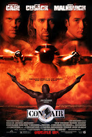 Con Air poster - faces of Cage, Cusack and Malkovitch over a picture of an aeroplane and a man with arms outstretched holding guns.