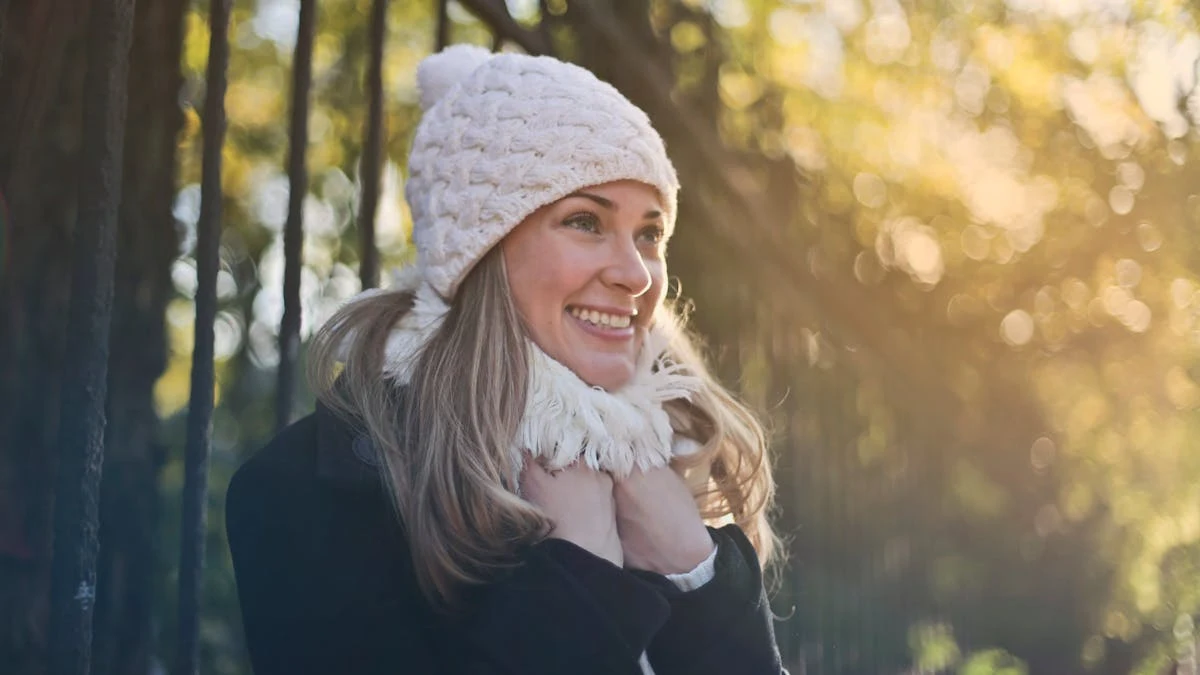 Woman in Black Jacket and White Knit Cap