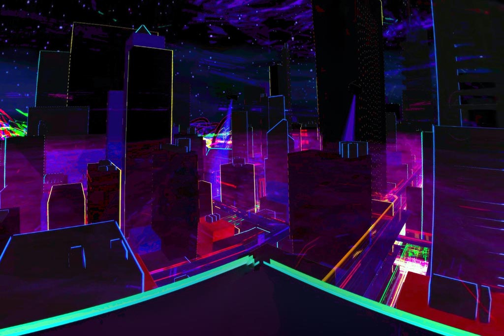 Overview of a dynamic neon city.