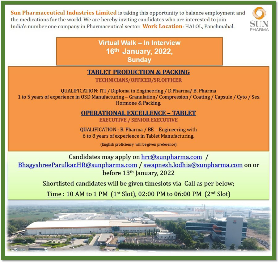 Job Availables,Sun Pharmaceutical Industries Limited Virtual Walk-In-Interview For B.Pharm/ D.Pharm/ ITI/ Diploma/ BE Engineering