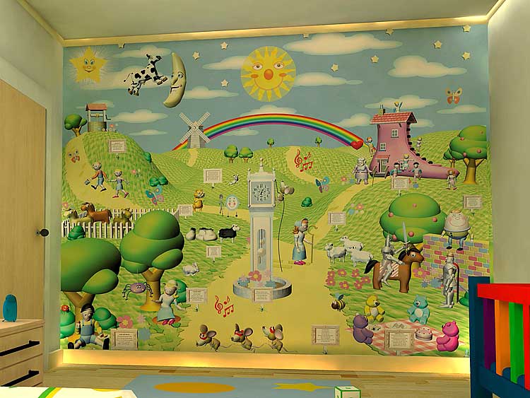 Wallpaper mural. You can turn one wall into a play area for your child as 