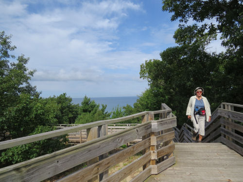 climbing to an overlook platform at Lake Michigan