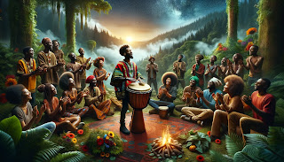 An uplifting scene of a diverse group of African American individuals in a forest setting, with one person passionately playing a Djembe drum at the center. The group is engaged in the rhythm, with some clapping and others swaying, all around a campfire, under a starry sky, incorporating Pan-African colors in their attire and surroundings, depicting cultural pride and unity.