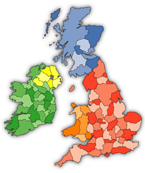 UK Map Showing counties in England, Wales, Scotland, and Northern Ireland (Ireland as well).