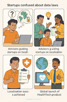 "Four-panel illustration showing HealthTech startups' journey through country-specific data localization. First panel: a confused startup founder worried about data laws. Second panel: advisors guiding the startup with a checklist. Third panel: startup founder smiling, holding a checklist with a healthcare shield symbol. Fourth panel: successful global launch of HealthTech product, with a globe and heart monitor screen."