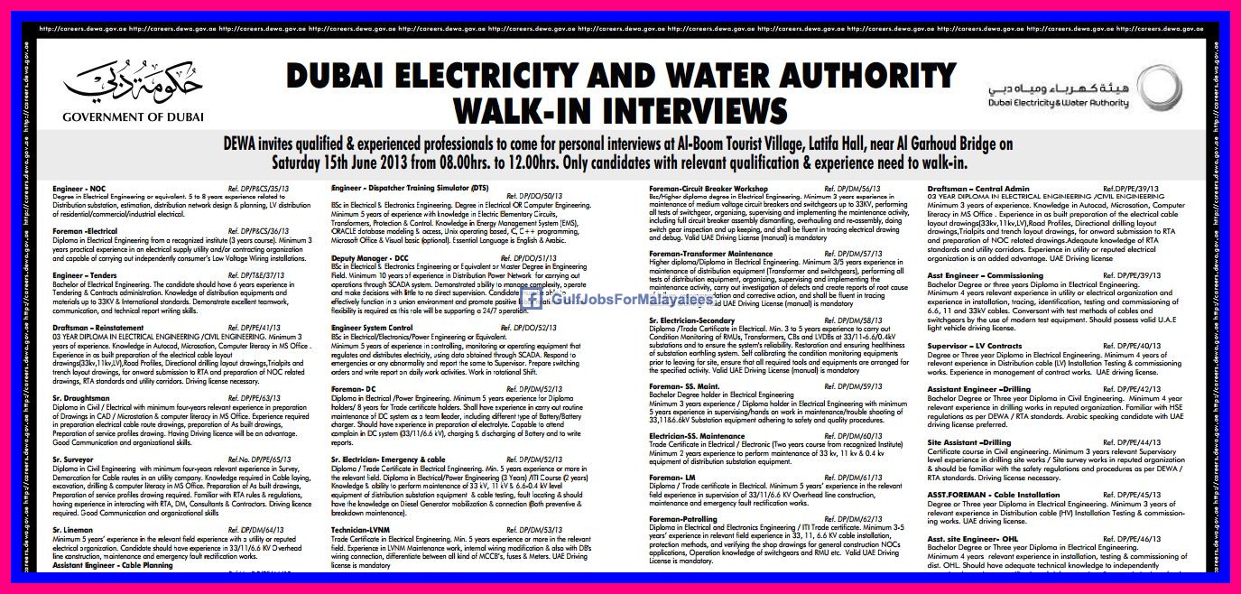 Dubai Electricity & Water authority Walk In Interviews - Gulf Jobs for