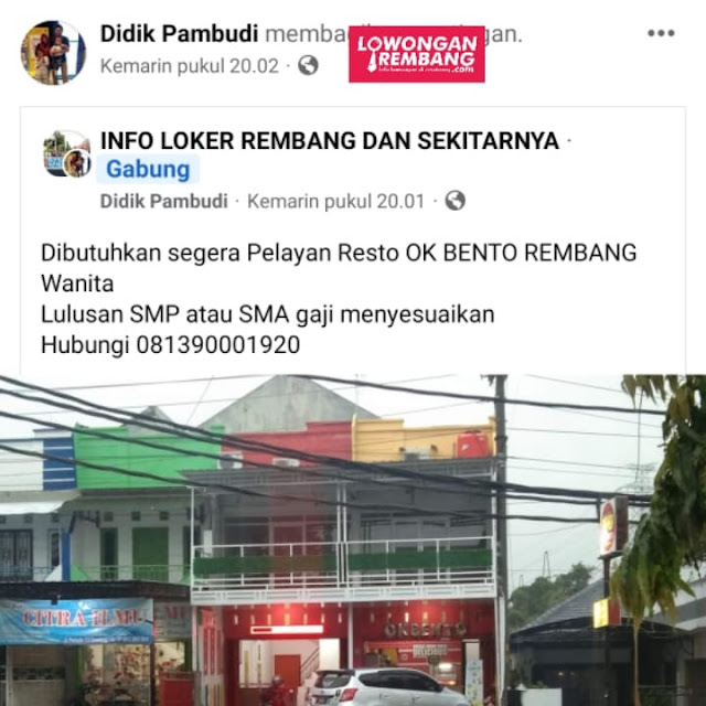 Lowongan Kerja Pegawai Pelayanan Resto Fast Food OK Bento Rembang