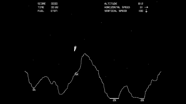 Image of lunar lander descending in Atari Lunar Lander 1979.