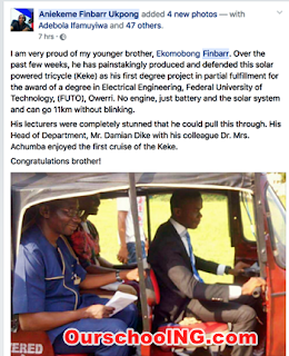 FUTO Final Year Student Builds Solar-Powered Keke NAPEP [PHOTOS]