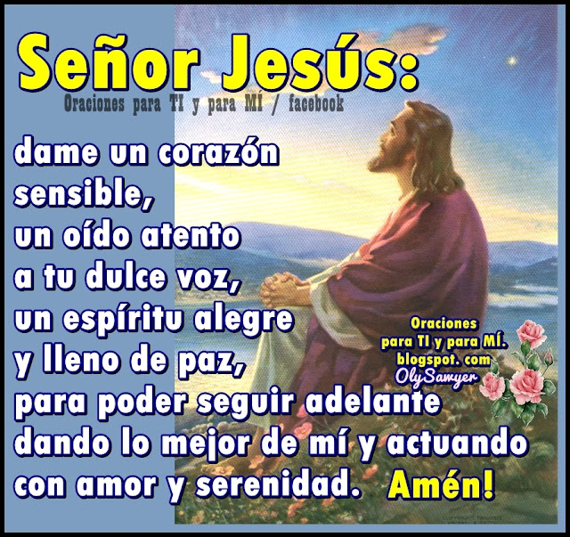 SEÑOR JESÚS:  Dame un corazón sensible, un oído atento a tu dulce voz, un espíritu alegre y lleno de paz, para poder seguir adelante dando lo mejor de mí y actuando con amor y serenidad.  Amén !