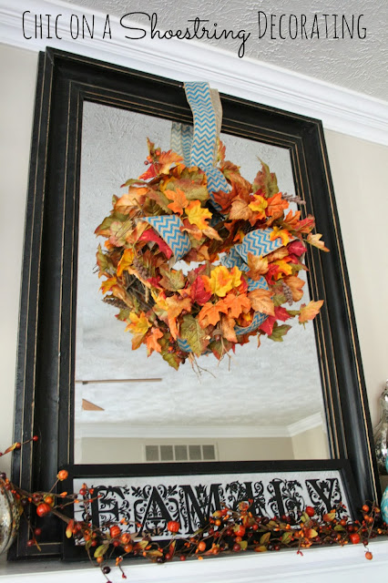 Aqua & Orange Fall Mantel by Chic on a Shoestring Decorating.