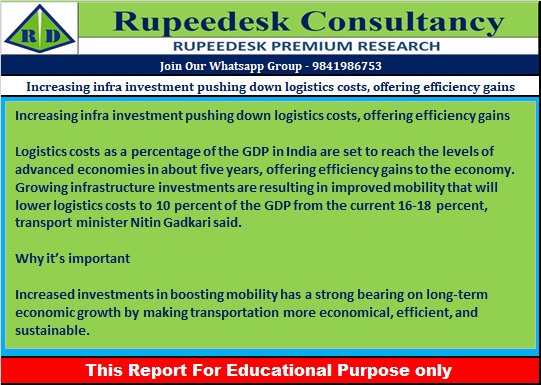 Increasing infra investment pushing down logistics costs, offering efficiency gains - Rupeedesk Reports - 29.07.2022