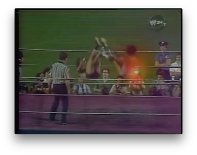 Tatsumi Fujinami and Chavo Guererro go for a dropkick at WWF showdown at Shea 1980