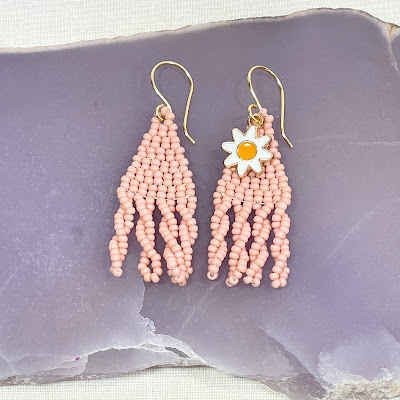 Brick stitch earrings (pink) with twisted bead fringe