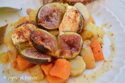 Figues rôties au miel et au chèvre sur poêlée de légumes d'automne 